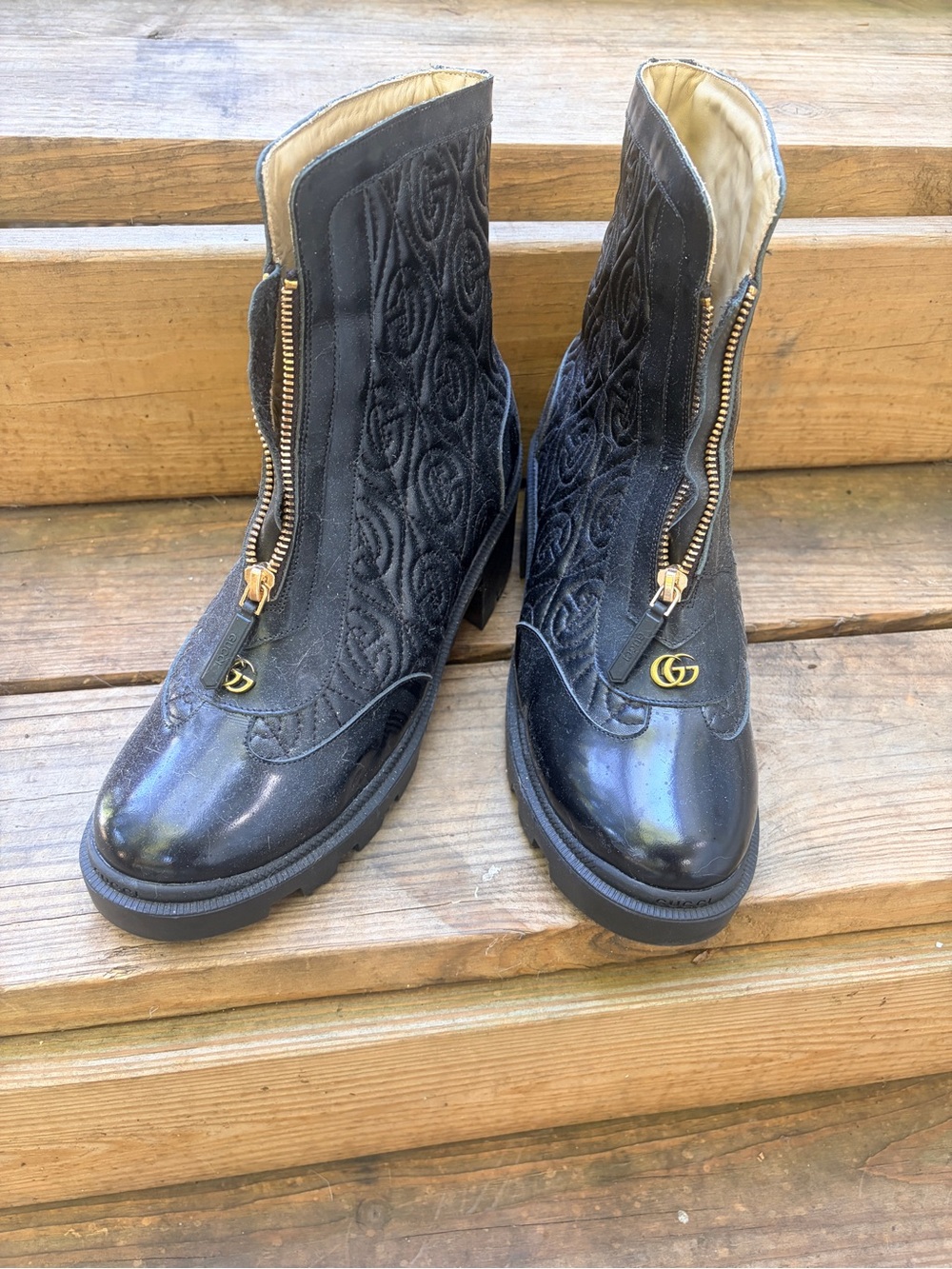 Gucci Black Quilted Leather Zip-Front Ankle Boots with Gold Hardware